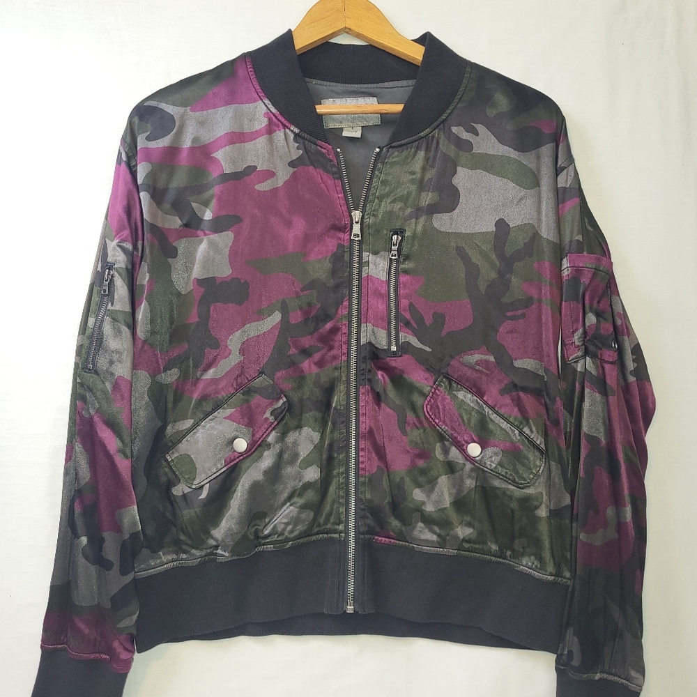 Marrakech Satin Camo Bomber Jacket Women's‎ Size Small Black Violet Green